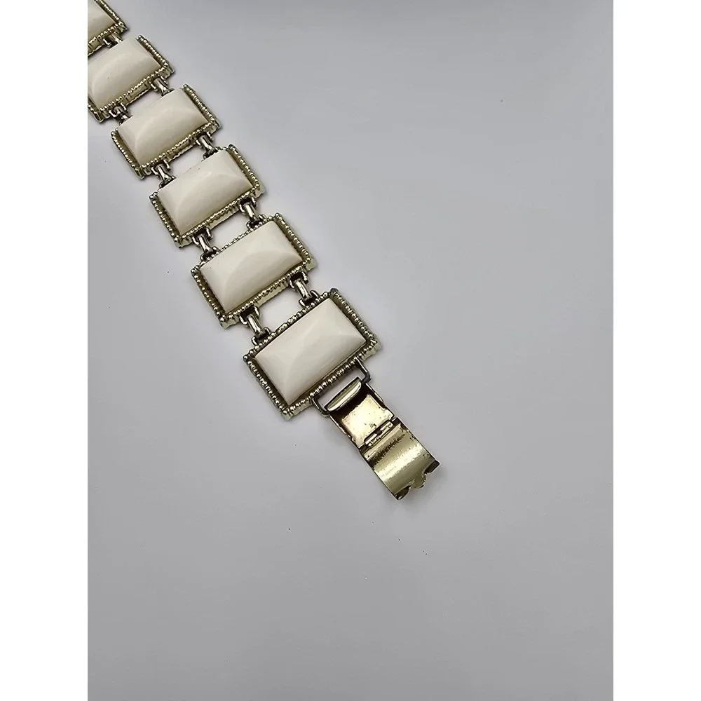 Vintage Gold Tone White Thermoset Panel‎ Link Bracelet Mid-Century Modern Style